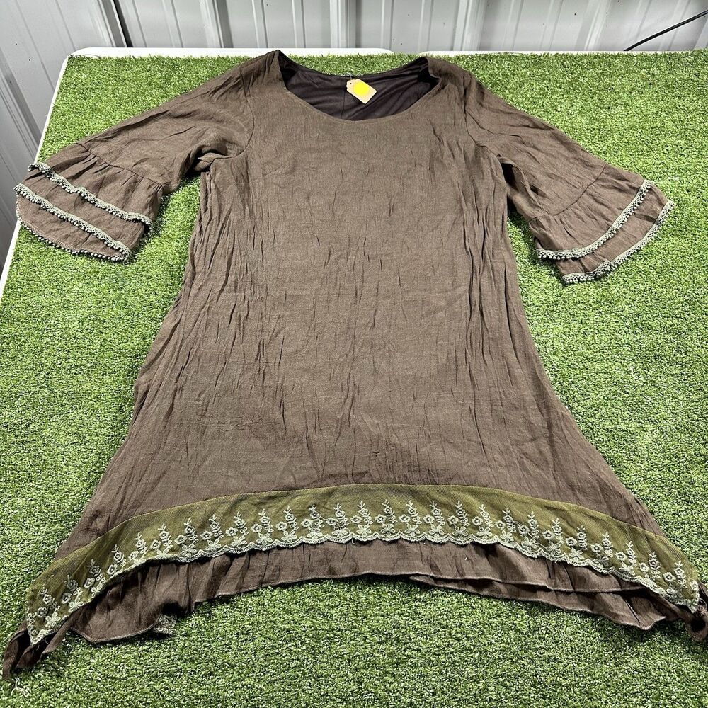 Adorn Brown Tunic with Bell Sleeves and Embroidered Lace Hem L